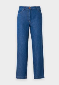 Jeans de denim azul com um corte de perna reta, apresentando um fecho frontal com botão, passadores de cinto e costura aparente ao longo das costuras.