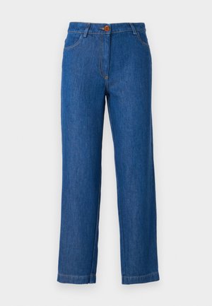 Blue denim jeans with a straight leg cut, featuring a front button closure, belt loops, and exposed stitching along the seams.