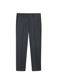 Gray tailored trousers with a flat front, side pockets, and a smooth texture. The fabric features a subtle pattern and a button closure.