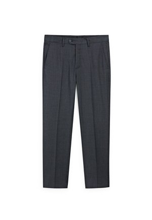 Graue maßgeschneiderte Hose mit flacher Front, seitlichen Taschen und einer glatten Textur. Der Stoff hat ein dezentes Muster und einen Knopfverschluss.