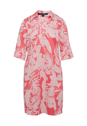 Coral dress with a collared neckline, three-quarter sleeves, and white leaf-patterned design. Lightweight fabric with a relaxed fit.