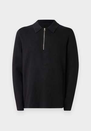 Černý pulovr s dlouhými rukávy a zapínáním na zip. Vyrobený z jemné látky, má hladkou texturu a jednoduchý, minimalistický design.