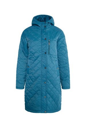 Chaqueta acolchada en color verde azulado con capucha, que cuenta con un bolsillo en el pecho con cremallera, botones a presión y mangas largas. Fabricada con un tejido liso y brillante con un patrón de diamantes.