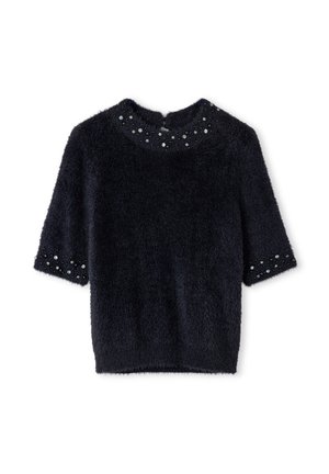Navy blue short-sleeved sweater in soft, fluffy material with a textured neckline and decorative beading along the sleeves.