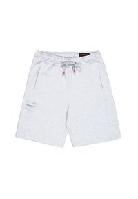 Svetlošedé bavlnené šortky s elastickým pásom, šnúrkou na stiahnutie, bočnými vreckami a nášivkou na ľavom stehne. Mäkká textúra a ležérny dizajn.