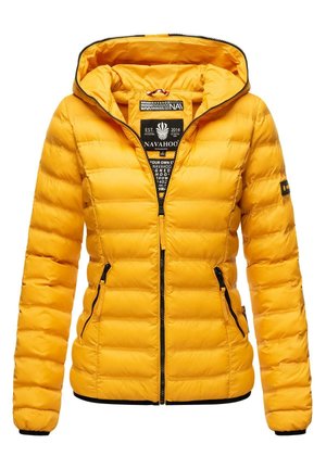 Yellow puffer jacket with a zippered front, hood, and two side pockets. Features horizontal quilting and black accents. Labeled inside.
