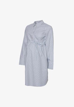 Hele sinine triibuline kleit pikkade varrukatega, nööbid ees, nurga all krae ja seotav vöö. Valmistatud kergest kangast, keskkohani ulatuv disain.