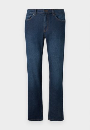 Sötétkék farmernadrág, egyenes szárú dizájnnal, elülső gombos zárással, öt zsebbel és narancssárga varrási részletekkel.