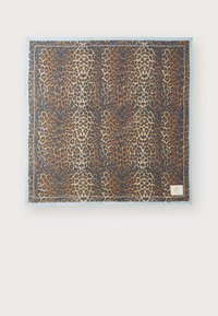 Leopard-print scarf featuring shades of brown and gold, with a light blue border and a small logo patch in the bottom corner.