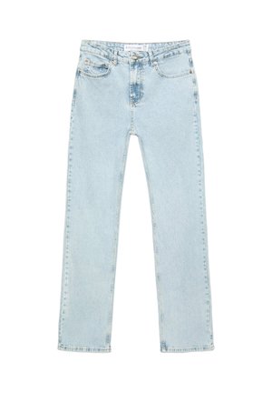 Jeans dritti di colore blu chiaro realizzati in denim. Presentano tasche frontali, zip e bottone, e cuciture visibili lungo le cuciture.