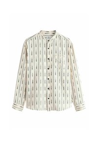 Chemise légère à manches longues de couleur crème avec des motifs verticaux noirs, un col mandarin et une poche sur la poitrine gauche.