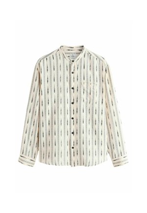 Lightweight button-up shirt in cream with vertical black patterns, long sleeves, a mandarin collar, and a left chest pocket.