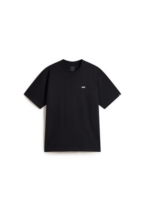 Camiseta de algodón negra de manga corta y cuello redondo. Presenta un pequeño logo blanco de Vans en el pecho. Diseño simple y clásico.