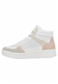 Baskets montantes en cuir blanc avec des accents en rose clair et en daim. Présentent des panneaux en cuir perforés et une semelle en caoutchouc blanche.