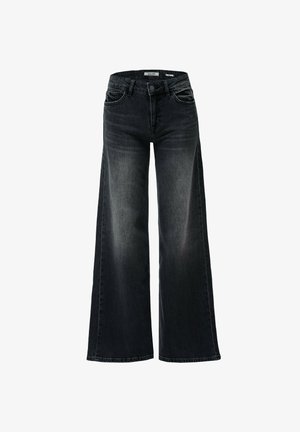 Jeans neri a vita alta, a gamba larga, con tasche frontali, passanti per cintura, chiusura con bottone e zip.