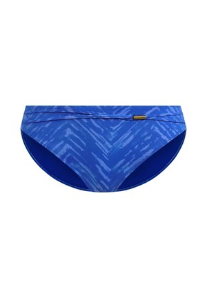 Blauw bikinibroekje met een gestructureerd golfpatroon, voorzien van een effen blauwe binnenkant en goudkleurige metalen accenten. Glad stoffen oppervlak.