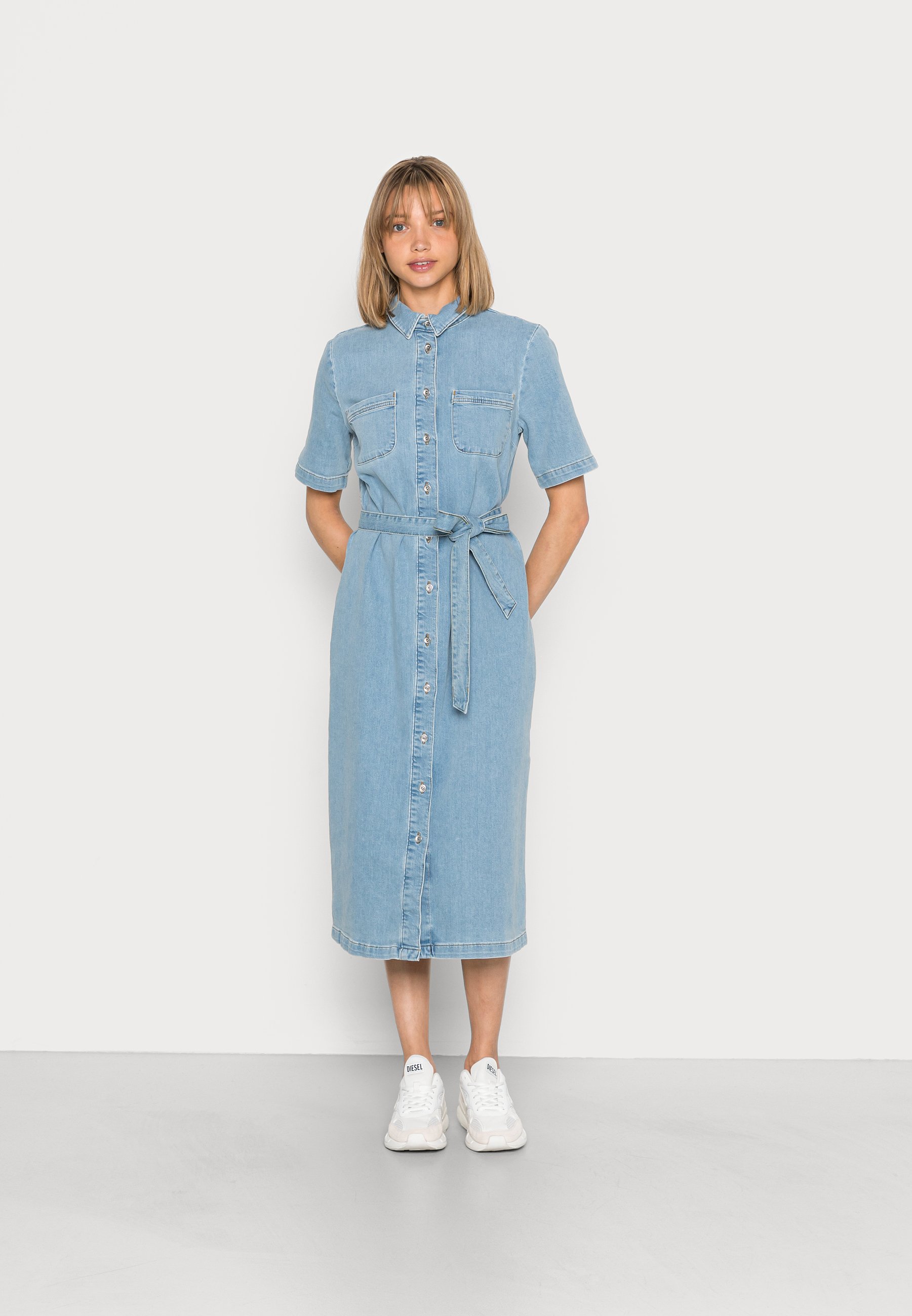 light blue denim long sleeve dress