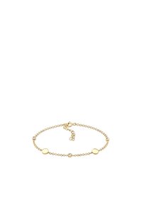Braccialetto d'oro con accenti metallici circolari e piccole gemme trasparenti, caratterizzato da un delicato design a catena e chiusura a moschettone.