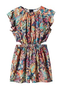 Blommönstrad jumpsuit med korta volangärmar, elastisk midja och en färgglad design med tropiska blad på en mörk bakgrund.