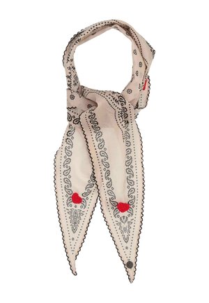 Light beige scarf with black paisley patterns, scalloped edges, and two small red pom-pom embellishments near the pointed ends.