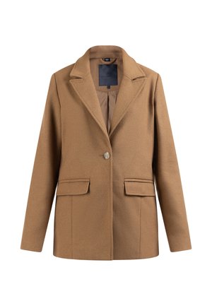 Bruin wollen blazer met een notch-kraag, enkel knopsluiting, twee frontzakken en een gladde voering. Klassiek recht model.