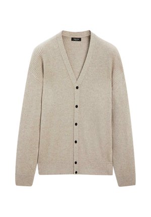 Beżowy kardigan z prążkowanej dzianiny, z długimi rękawami, dekoltem w kształcie litery V i sześcioma czarnymi guzikami z przodu.