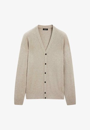 Cardigan a coste beige con maniche lunghe, scollo a V e sei bottoni neri sul davanti.