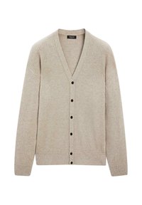 Beige Rippstrick-Cardigan mit langen Ärmeln, V-Ausschnitt und sechs schwarzen Knöpfen auf der Vorderseite.