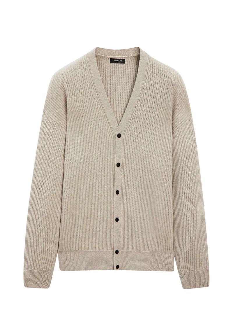 Beige Rippstrick-Cardigan mit langen Ärmeln, V-Ausschnitt und sechs schwarzen Knöpfen auf der Vorderseite.