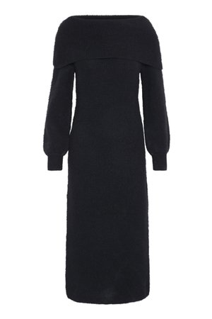 Abito nero, con spalle scoperte e maniche lunghe, realizzato in un morbido tessuto testurizzato; presenta un corsetto aderente e una lunghezza maxi fluida.