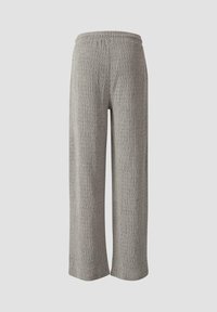 Graue Strickhosen mit einem weit geschnittenen Design, ausgestattet mit einem elastischen Bund und strukturiertem Stoff, die einen bequemen Sitz bieten.