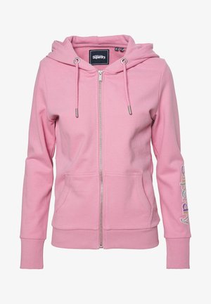 Roze zip-up hoodie van katoenmix, met een aantrekkoord capuchon, voorzakken en een "Superdry" logo in kleurrijke tekst op de mouw.