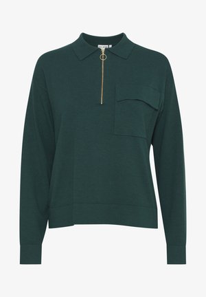 Dark green sweater with a collar, half zip with a gold ring, and a chest pocket. Made from soft fabric, featuring long sleeves and a relaxed fit.