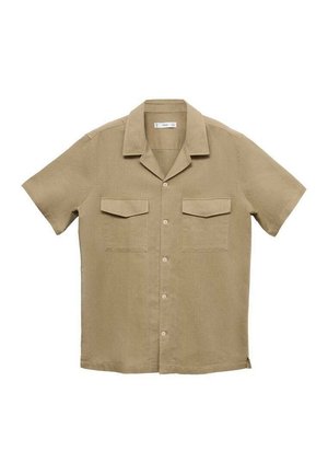 Beige short-sleeve button-up shirt with two front flap pockets and a notch collar, laid flat on a white background.