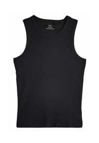 Schwarzes, schmal geschnittenes Tanktop mit gerippter Textur und rundem Ausschnitt. Verfügt über gestickte Kanten und keine zusätzlichen Muster oder Grafiken.