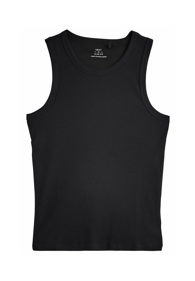 Schwarzes, schmal geschnittenes Tanktop mit gerippter Textur und rundem Ausschnitt. Verfügt über gestickte Kanten und keine zusätzlichen Muster oder Grafiken.