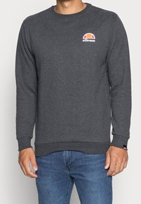 Sudadera gris hecha de mezcla de algodón. Cuello redondo, mangas largas, puños y dobladillo acanalados. Presenta un pequeño logo en la parte superior izquierda del pecho.