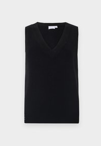 Maglione senza maniche nero con scollo a V profondo, texture a coste e design semplice. Non presenta decorazioni o motivi.