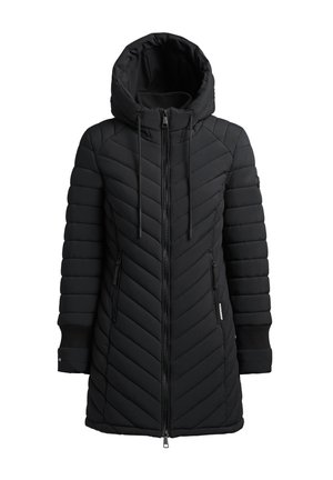 Czarna pikowana długa kurtka z kapturem, przednim zamkiem błyskawicznym, zapinanymi na zamek bocznymi kieszeniami, ściągaczami na rękawach oraz regulowanymi sznurkami kaptura.