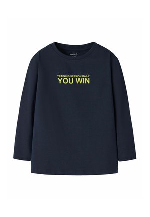 Navy long-sleeve t-shirt made of cotton, featuring a round neckline and a printed graphic in yellow that says "TRAINING SESSION DAILY YOU WIN."