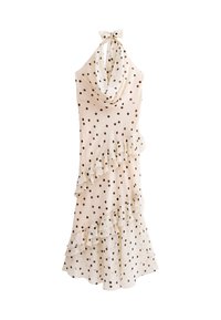 Polka dot dress in cream with brown dots, featuring a cowl neck and ruffled hem. Made of lightweight fabric, tied at the neck with a bow.