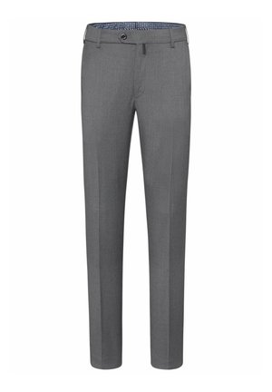 Graue Hosen mit Slim-Fit, aus einem glatten Stoff hergestellt. Mit flacher Vorderseite, Gürtelschlaufen und Knopfverschluss. Mit einem karierten Innenfutter akzentuiert.