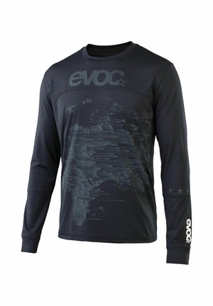 Black long-sleeve sports shirt with "evoc" logo on chest and sleeve, featuring a subtle abstract pattern on the front.