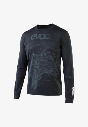 Schwarzes Sportlangarmshirt mit „evoc“-Logo auf der Brust und am Ärmel, mit einem dezenten abstrakten Muster vorne.
