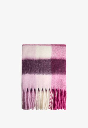 Wool scarf featuring a plaid pattern with varying shades of pink, white, and dark purple. Fringed ends add texture and detail.