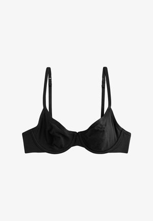 Sostenitore in tessuto nero con ferretti, spalline regolabili e una superficie liscia. Presenta un design senza cuciture e una fascia ampia per il sostegno.