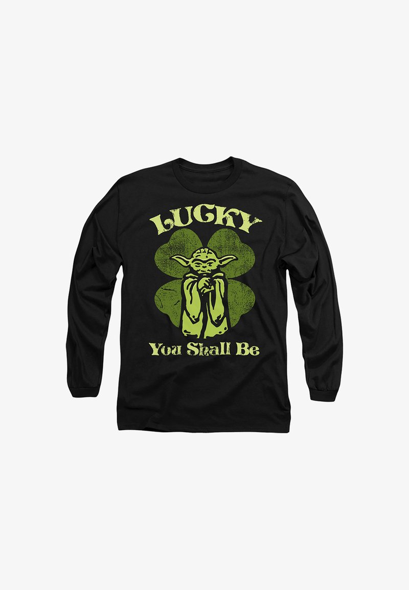 Black long-sleeve shirt with green four-leaf clover, Yoda figure, and text "LUCKY You Shall Be" in a distressed style.
