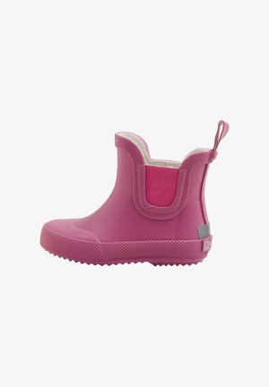 Stivale da pioggia in gomma rosa per bambini, con suola testurizzata, pannello elastico laterale e linguetta sul tallone.