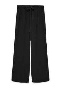 Zwarte wijde broek met hoge taille, zijzakken en een stoffen riem die aan de voorkant van de taille is gestrikt in een strik.