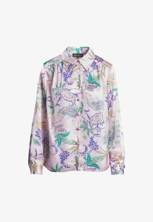 Light purple shirt with a floral pattern in green, blue, and gold. Features a collar, buttons down the front, and long sleeves.